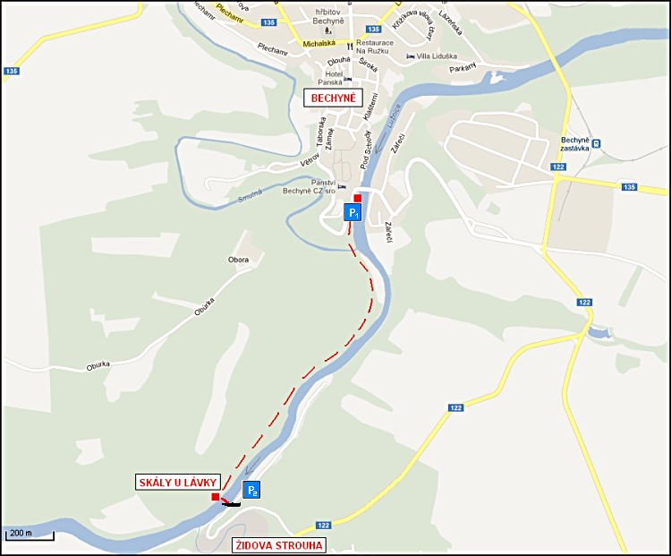 Mapka skály Bechyně